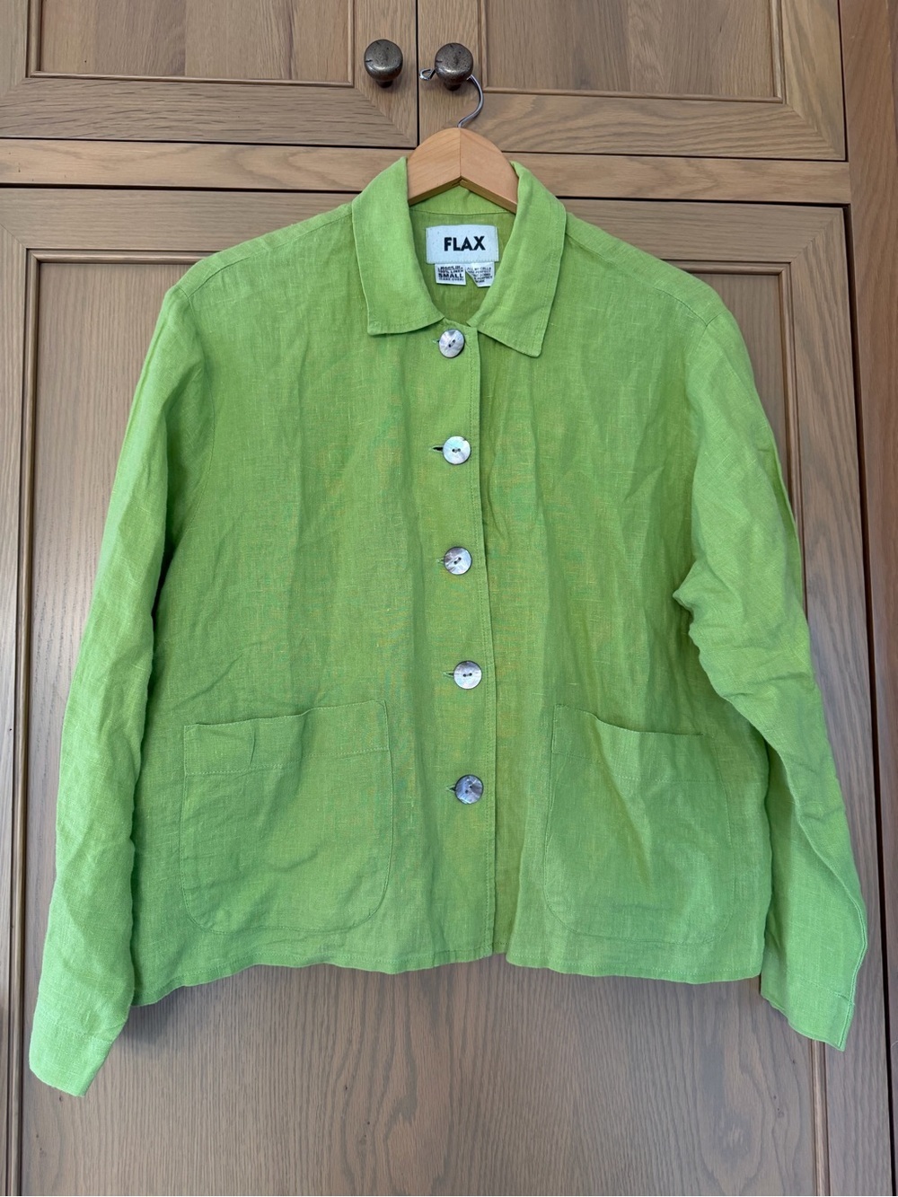 FLAX Lime Green Linen Button-Front Jacket Collar and Drop Pockets / small